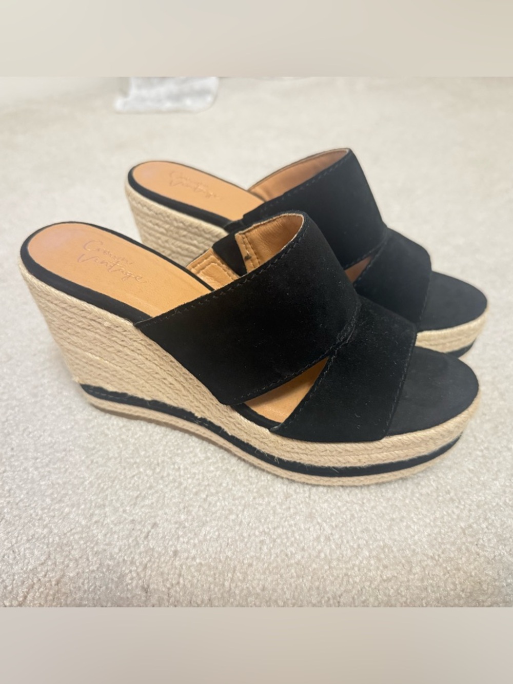 Crown Vintage Black Suede Espadrille Wedge Slides